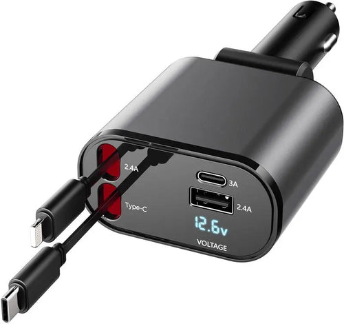 100W 4-in-1 Retractable Car Charger - USB C Fast Charging Adapter with Lightning Cable & Dual Ports, Car Accessories, iPhone Charger, Multi-Port Cables for iPhone 15/14/13 Pro Max Plus, iPad, AirPods, Samsung Galaxy S23/S22/S10, Google Smartphones